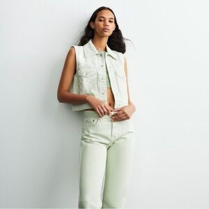 ZARA Cropped Sleeveless Denim Vest Mint Green Button Front Size S